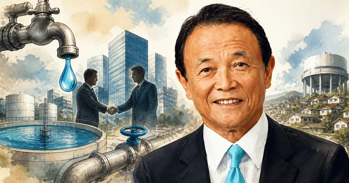 水道施設と、握手するビジネスパーソンを背景にした麻生太郎氏のイラスト
