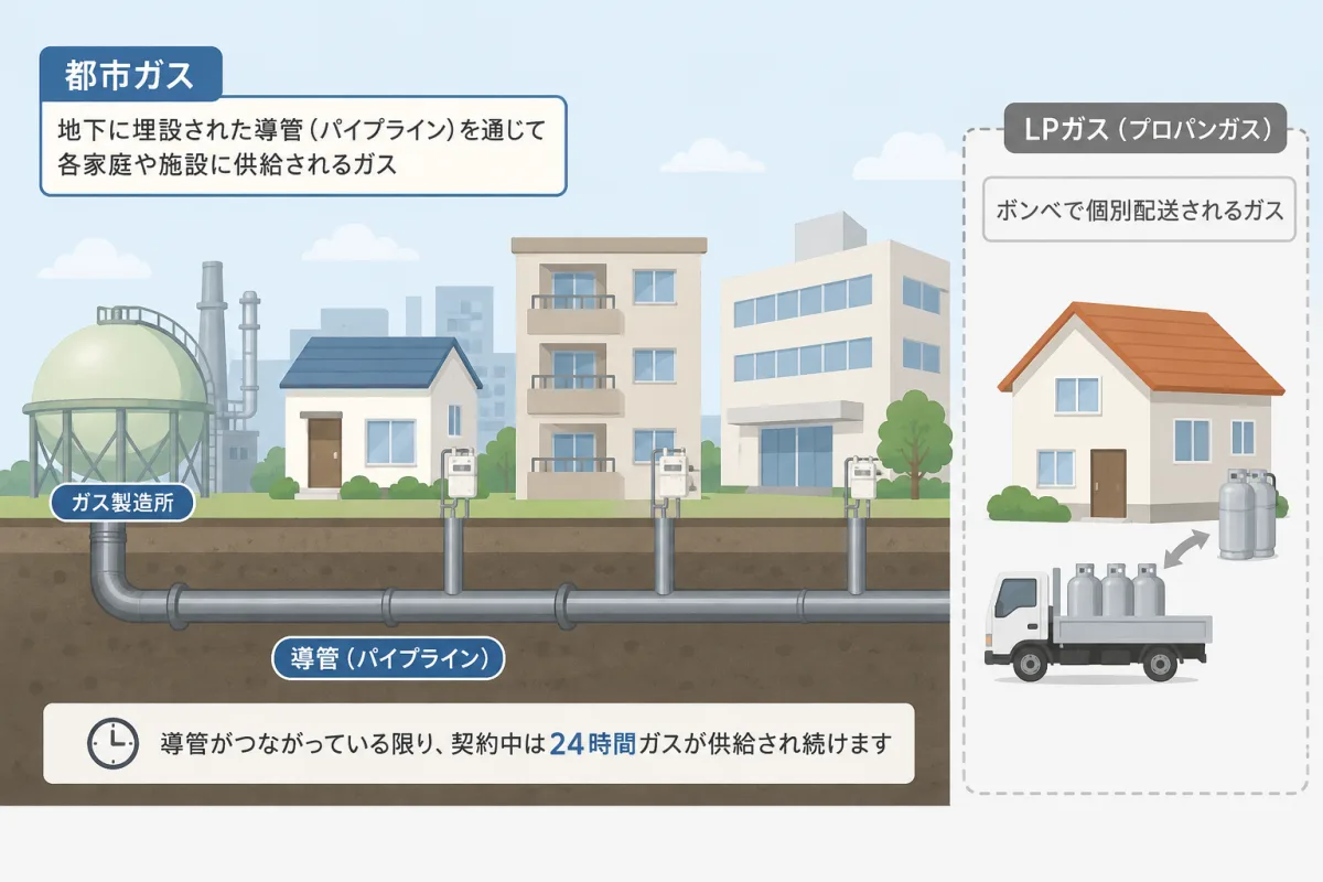 都市ガスは地下の導管で各家庭に供給され、LPガスはボンベをトラックで個別配送する仕組みの比較図