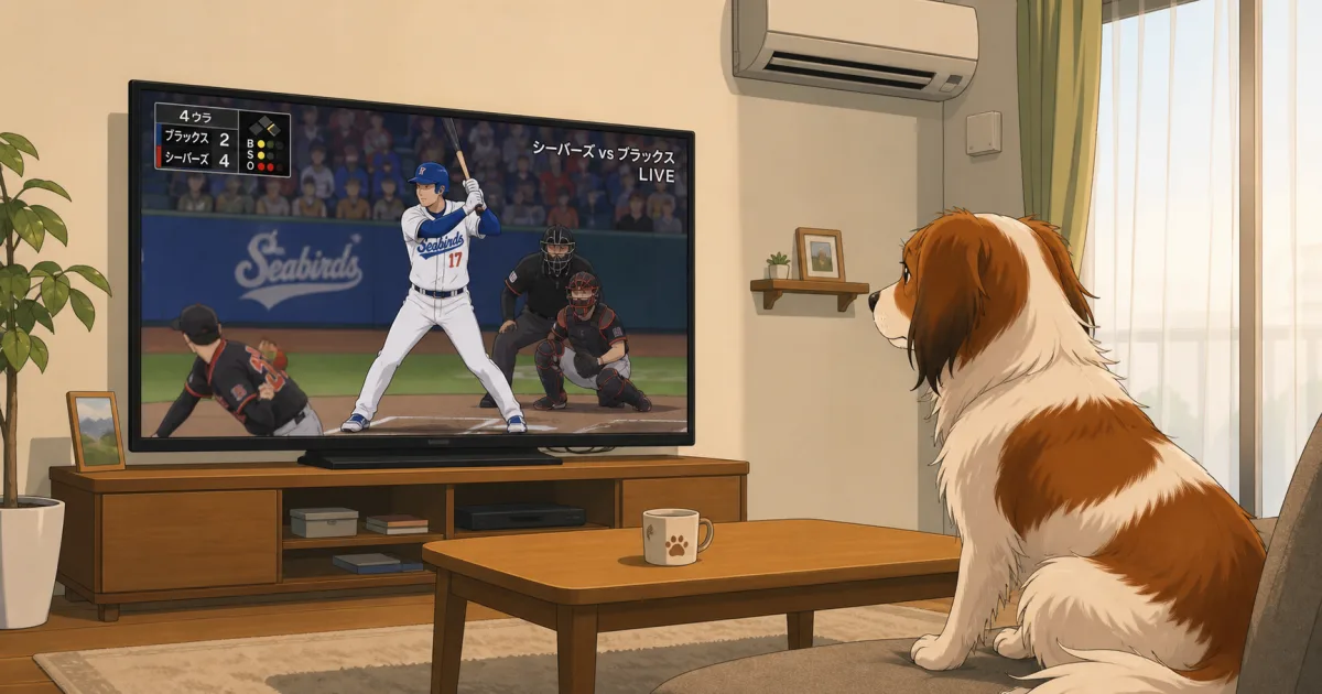 エアコンの効いた部屋でテレビの野球中継を見守る犬