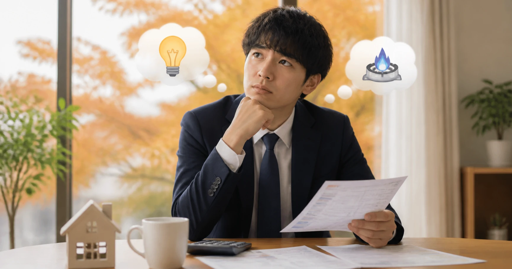 秋の窓辺で電気料金の検針票を手に、電気とガスの料金を思い浮かべながら考え込む男性。