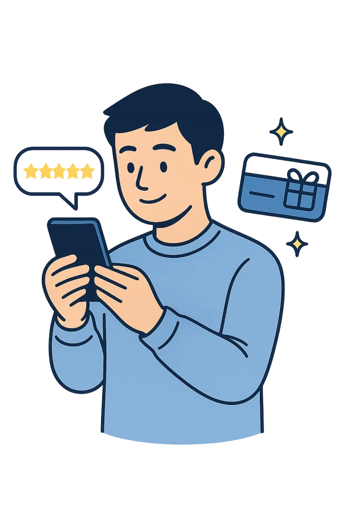 スマートフォンで口コミを投稿し、Amazonギフト券をもらう男性のイラスト