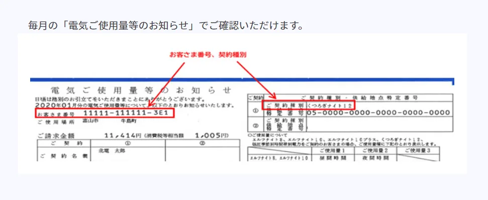 北陸電力：「電気ご使用量のお知らせ」（検針票）