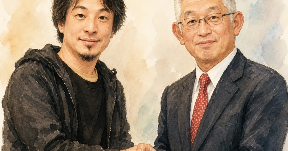 ひろゆき氏と泉房穂氏が握手する様子のイメージイラスト