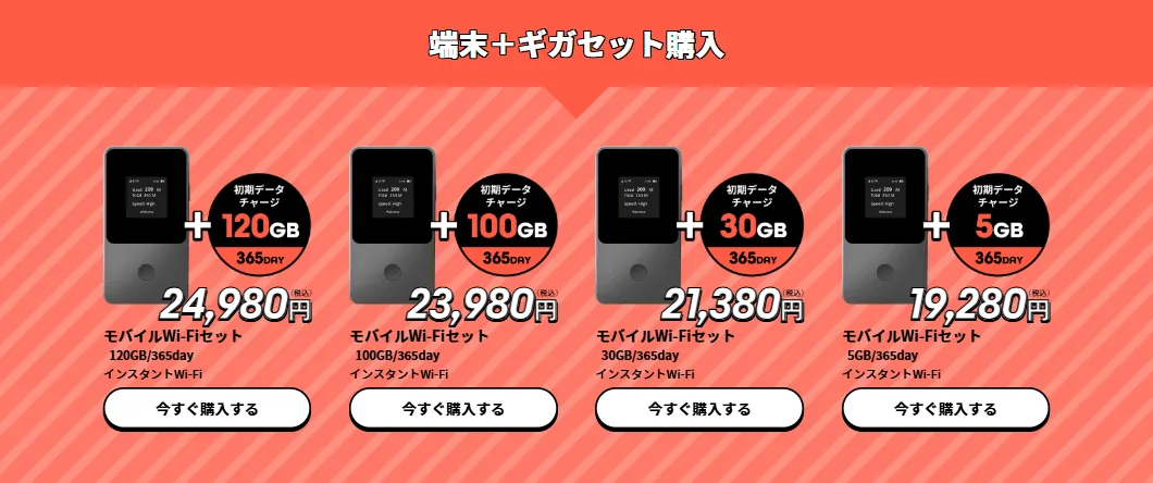 インスタントWiFi公式ページ料金表