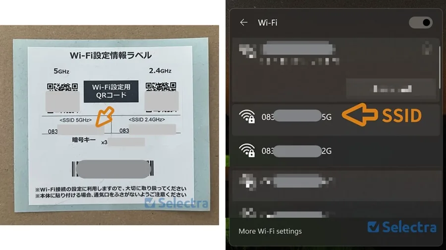モバレコエアーのSSIDが梱包の段ボール箱、PCの設定画面に表示されている写真