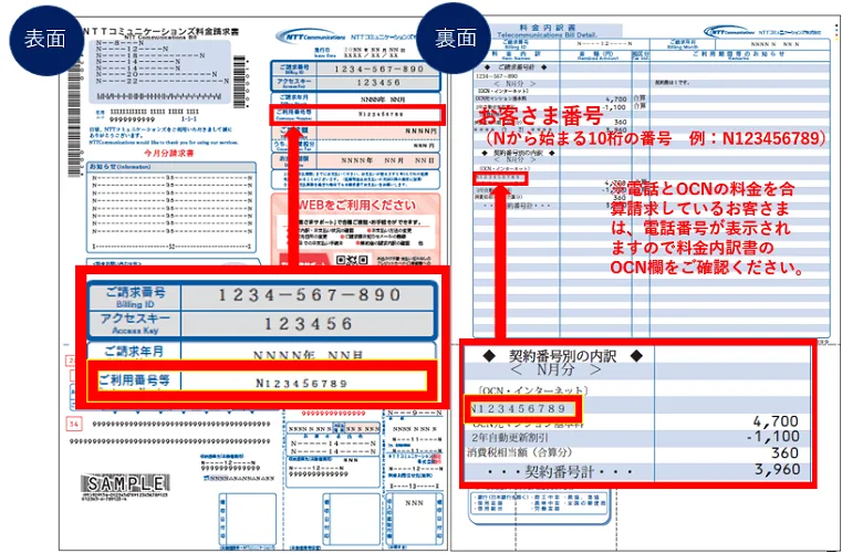 OCN光のお客様番号の記載箇所
