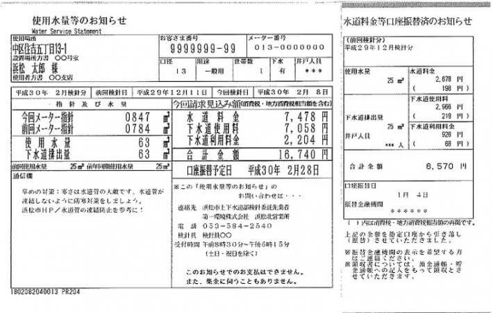 浜松市水道局：使用水量等のお知らせ（検針票）