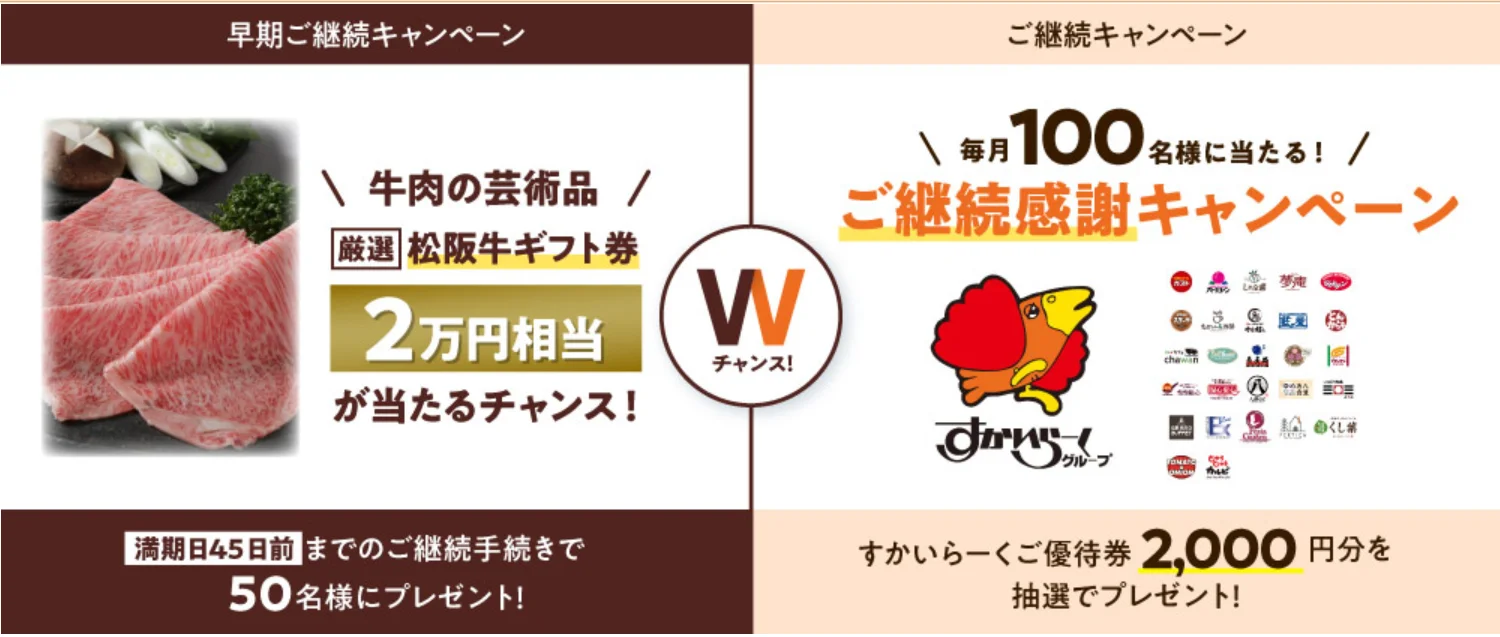 SBI損保 早期ご継続キャンペーン（松阪牛ギフト券2万円相当・50名）とご継続感謝キャンペーン（すかいらーくご優待券2,000円分・毎月100名）