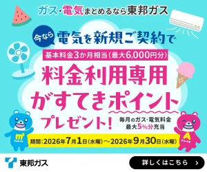 東邦ガス「夏だ！料金利用専用がすてきポイントプレゼントキャンペーン！」電気を新規ご契約で基本料金3か月相当（最大6,000円分）の料金利用専用がすてきポイントをプレゼント（2026年7月1日〜9月30日）